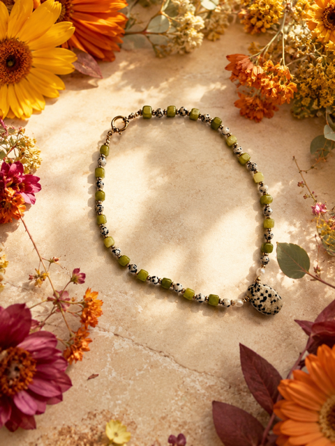Collier Jaspe dalmatien & perles de verre - modèle PAOLA