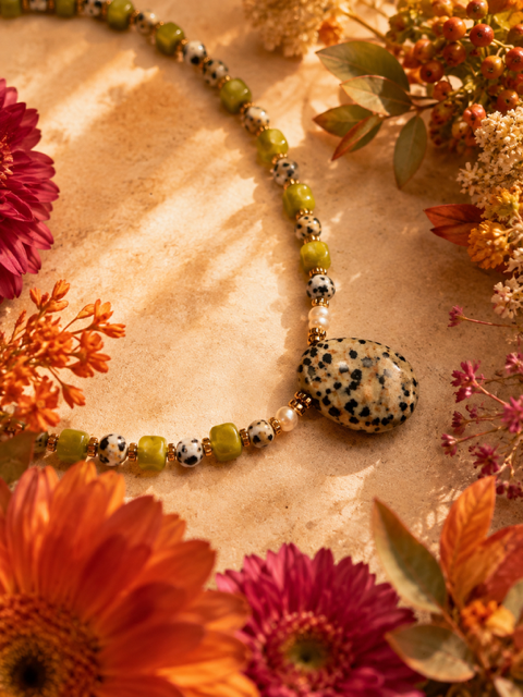 Collier Jaspe dalmatien & perles de verre - modèle PAOLA