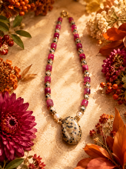 Collier Jaspe dalmatien & perles de verre - modèle PAOLA